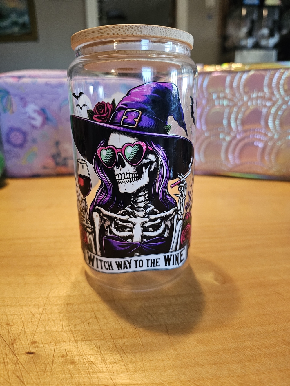 Purple "Witch Way To The Wine" Skeleton Glass Tumbler